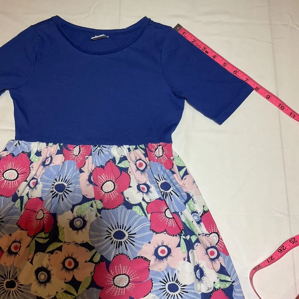 Gymboree Girls Size Small 5-6 Blue Solid Top Floral Bottom Short Sleeve Dress